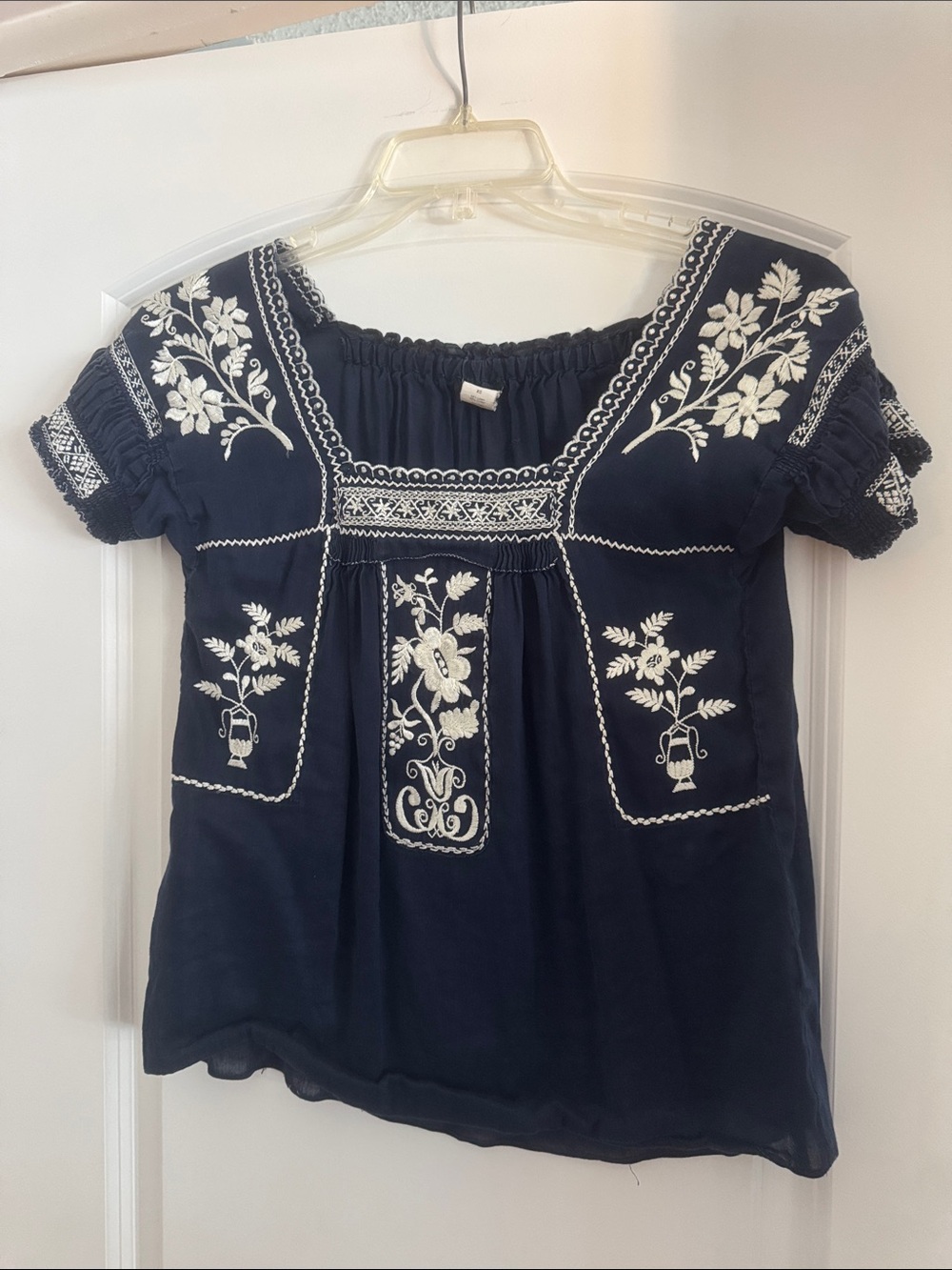 J. Crew Navy Blue Short-Sleeve Embroidered Peasant Blouse